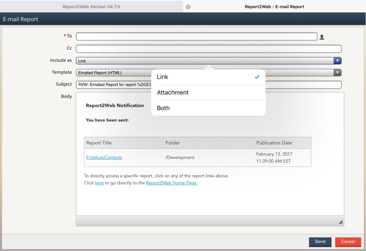 Screenshot of E-mail Report dialog on an iPad